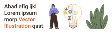 Education, innovation, creativity, eco-friendliness, design, technology. A woman stands near a lightbulb illustration with gears innovation, alongside decorative foliage. Innovation and creativity