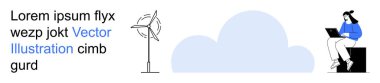 Clean energy, cloud technology, remote work, sustainability, modern solutions, digital innovation. Wind turbine, cloud and woman using a laptop. Clean energy and cloud technology concept