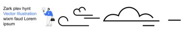 İş kavramları, sabah rutini, hava durumu, verimlilik, çalışma alanı, minimalizm. İş adamı elinde kahve tutarak bulutların ve çizgilerin arasında yürüyor. Üretkenlik ve sabah rutini kavramları