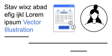 Abonelik hizmetleri, finansal planlama, bütçe, online ödemeler, kendi kendini organize etme, kullanıcı profilleri. Abone düğmesi ve bozuk paralarla takvim, kadın kullanıcı portresi. Üyelik hizmetleri