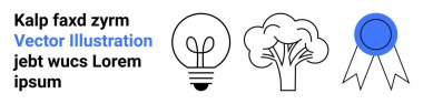 Education, innovation, environment, creativity, sustainability, achievements. Minimal line drawings of a light bulb, tree and award medal. Innovation and environment concepts illustrated