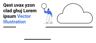 Bulutun yanında balon tutan kişi soyut çizgiler ve metinlerle çevrili. Modern tasarım, yaratıcılık, basitlik, markalaşma, posterler, sunumlar, eğitici grafikler için ideal basit iniş