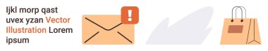 E-posta bildirimleri, mesajlaşma, alışveriş, çevrimiçi alarmlar, iletişim yönetimi, e-ticaret. Uyarı simgesi ve alışveriş çantasıyla zarf. E- posta bildirimleri ve e-ticaret fikirleri