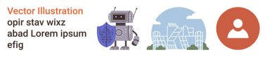 Technology, cybersecurity, privacy, identity, urban development, artificial intelligence. A robot holding a shield, modern cityscape profile icon. Robotics and cybersecurity in a futuristic context