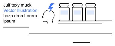 Sağlık, ilaç, akıl sağlığı, eczane, çözümler, terapi. İlaç şişelerinin yanında yıldırım olan baş silueti. Terapi ve bakım çözümleri için zihinsel sağlık ve ilaç kavramı