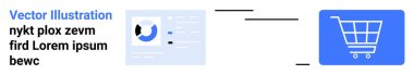 E-commerce, online shopping, data analytics, digital transformation, market research, retail technologies. Analytics dashboard connected to a shopping cart icon. E-commerce and data analytics concept