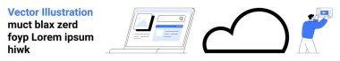 Bir bulut simgesi ve veri yükleyen bir kullanıcıyla ağ arayüzü gösteren bir dizüstü bilgisayar. Veri yönetimi, teknoloji, bulut bilgisayarı, dijital depolama, kullanıcı arayüzü, dosya paylaşımı, basit iniş sayfası için ideal