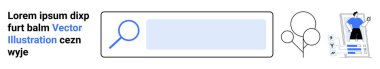 Web gezinti, arama araçları, dijital arayüzler, çevrimiçi tarama, olay tanıtımı, kullanıcı deneyimi. Büyüteçli arama çubuğu, balonlar ve elinde belge tutan biri. Web gezintisi