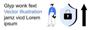 Siber güvenlik, kariyer büyümesi, güvenli veriler, iş başarısı, profesyonel gelişim, veri koruması. Belgeleri olan bir kadın, yukarı doğru ok atan bir kalkan. Siber güvenlik ve kariyer büyüme kavramı