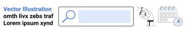 Web gezinti, online arama araçları, zaman yönetimi, planlama, programlama, otomasyon. Büyüteçli bir arama çubuğu, işaret eden bir takvim ve saat. Web gezinti ve çevrimiçi arama