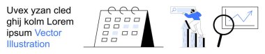 Business planning, data insight, time management, financial growth, productivity tools, analytics. Calendar, graph chart magnifying glass. Business planning and data insight visual