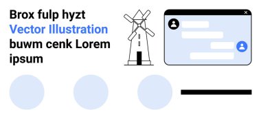 Digital communication, renewable energy, conceptual design, education, business interface, creative layout. Windmill icon, text blocks and chat window on blank background. Communication