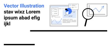 Business analysis, data visualization, performance tracking, insight discovery, trend analysis, report review. Graphs, documents and magnifying glass. Business analysis and data visualization