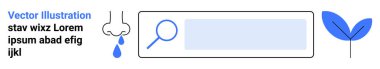 Sağlık hizmetleri, arama araçları, doğa koruma, dijital bilgi, sağlık, yenilik. Koşan burun, arama çubuğu yaprağı grafiği. Temiz tasarımda sağlık ve arama araçları kavramları