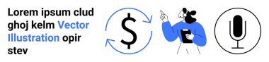 Finance, communication, creativity, multimedia, economic transactions, presentation. A dollar symbol, a person pointing and a microphone icon. Finance and communication concept
