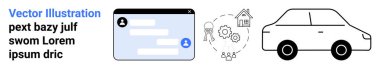 İletişim, gayrimenkul, ulaşım, mülk anahtarları, dijital etkileşim, otomotiv. Sohbet ekranı, ev anahtarları ve siyah beyaz tasarım araba taslağı. İletişim ve gayrimenkul odaklı