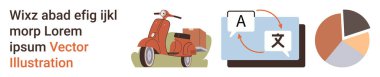 Ulaşım, dil çevirisi, teknoloji, iletişim, analitik, iş. Vespa scooter, tercüme sembolleri pasta grafiği görselleştirme. Ulaşım ve dil çevirisi