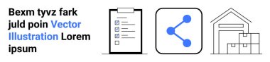Logistics, task organization, data sharing, warehouse storage, supply chain, business operations. Checklist, network icon and warehouse graphic. Logistics and task organization visualization