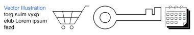 E-ticaret, güvenlik erişimi, programlama, planlama, online alışveriş, kilit kavramları. Minimalist alışveriş arabası, anahtar sembolü ve takvim ikonu. E-ticaret ve güvenlik erişimi