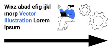 İş stratejisi, takım çalışması, otomasyon süreçleri, veri akışı, gelişme, planlama. Dizüstü bilgisayar, ok ve dişlilerle çalışan biri. İş stratejisi ve takım çalışması kavramları