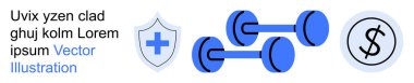 Sağlık tanıtımı, fitness, finansal büyüme, ekonomik refah, sağlık hizmetleri, beden eğitimi. Haçlı bir kalkan, iki dambıl ve bir dolar işareti. Sağlık tanıtımı ve spor konsepti