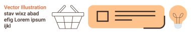 E-ticaret, yaratıcılık, iş fikirleri, çevrimiçi pazarlar, markalaşma, yenilik. Bir alışveriş sepetinin taslağı, metin tasarımı ve ampul ikonu. E-ticaret ve yaratıcılık kavramı