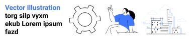 Woman in blue gestures upward, large gear represents processes, buildings with progress lines symbolize urban growth. Ideal for business, technology, teamwork, innovation, process analysis, urban