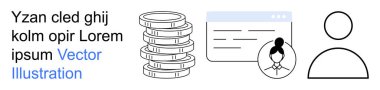 Finance, digital identity, online services, user profiles, e-commerce, software interface. Stacked coins, user icons and a computer window. Finance and digital identity concept