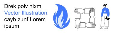 Teamwork, collaboration, diversity, unity, business partnership. Four hands forming a square and a flame symbol. Teamwork and collaboration concept. Line metaphor. Simple line icons