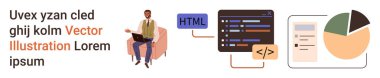 Web geliştirme, kodlama, veri görselleştirme, analitik, programlama, teknoloji. HTML kodu, çizelgesi ve verisinin yanında dizüstü bilgisayarı olan bir geliştirici. Web geliştirme ve kodlama kavramları