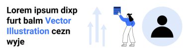 Business growth, user profile management, data analytics, identity verification, upward trends, digital progress. A person holding a square object, arrows pointing upward silhouette icon. Business
