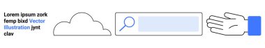 Bulut hesaplama, internet arama, dijital etkileşim, kullanıcı arayüzü, el hareketleri, veri paylaşımı. Bulut, arama çubuğu ve el ile minimalist görüntü. Bulut hesaplama ve internet arama kavramı