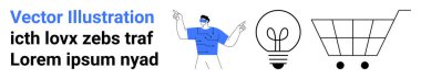 E-ticaret, yenilik, yaratıcı düşünce, girişimcilik, alışveriş, fikirler. Vektör sanatı bir kişiyi işaret ediyor, bir ampul ve bir alışveriş arabası. E-ticaret ve yenilik kavramları