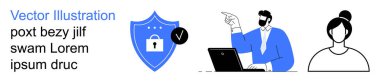 Siber güvenlik, veri gizliliği, kullanıcı doğrulaması, çevrimiçi güvenlik, iş dünyası, teknoloji. Kilit simgesi, dizüstü bilgisayarı ve kişisel profili olan mavi kalkan. Siber güvenlik ve veri gizlilik teması