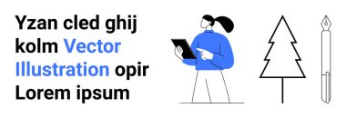 Technology, education, design, creativity, remote work, learning. Person with tablet, tree and pen. Technology and education concepts through simple graphic elements
