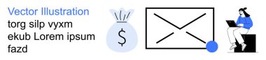Finance, business communication, online transactions, remote work, digital services, email. Money bag symbol, envelope and person using a laptop. Finance and business communication concept