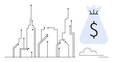 Bir para çantası ikonu yanında teknolojiyi ve yeniliği temsil eden dijital çizgilerle bağlı şehir gökdelenleri. Fintech, akıllı şehirler, yatırımlar, finans uygulamaları, teknoloji ekonomisi, bankacılık için ideal