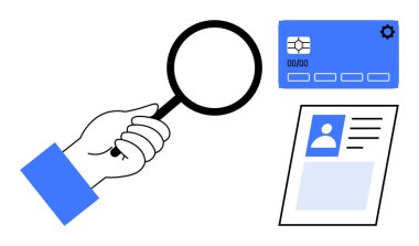 Identity verification concept. Magnifying glass analyzing ID card and credit card. Identity verification ensures secure authentication in financial, legal, and digital domains. For fintech