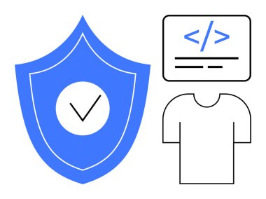 Siber güvenlik, yazılım geliştirme, programlama, veri koruması, çevrimiçi güvenlik, kodlama uygulamaları. Üzerinde işaret olan mavi bir kalkan. Bir figür kodu ve bir kişinin yanında. Siber güvenlik ve yazılım