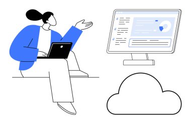 Bulut hesaplama, dijital çalışma alanları, uzaktan işbirliği, çevrimiçi araçlar, veri paylaşımı, teknoloji eğilimleri. Dizüstü bilgisayarı olan biri monitöre ve bulut simgesine doğru hareket eder. Bulut hesaplama ve dijital