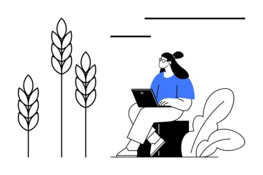 Uzaktan çalışma konsepti. Açık havada dizüstü bilgisayarı olan bir kadın en az buğday çizimlerinin yanında oturuyordu. Uzaktan çalışma esnekliği ve tarım. Üretkenlik, sürdürülebilirlik, tarım ve teknoloji için