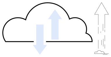 Veri depolama, dosya paylaşımı, bulut hesaplama, internet hizmetleri, dijital iletişim, bilgi akışı. Yukarı ve aşağı okları olan bir bulut simgesi, yukarı bakan bir ok eşliğinde. Veri