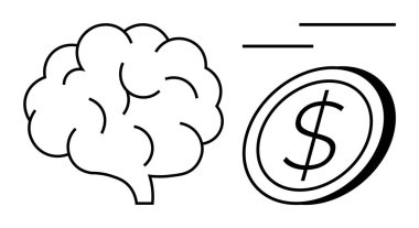 Finans, karar verme, ekonomik strateji, bilgi, zenginlik, iş. Siyah-beyaz çizgili beyin ve bozuk para sanatı. Mali karar verme ve ekonomik strateji kavramı