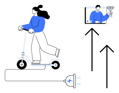 Elektrik prizine bağlı elektrikli scooter kullanan kişi ve yukarı doğru oklu dijital başarı sembolü. Sürdürülebilirlik, hareketlilik, teknoloji, yenilik, sanal başarı için ideal
