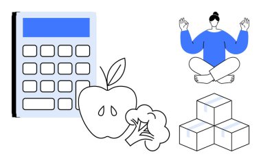 Sağlık iyileştirme, finansal planlama, diyet tercihleri, stres atma, lojistik, kişisel üretkenlik için meditasyon. Hesap makinesi, elma brokoli kutuları ve meditasyon yapan biri. Sağlık