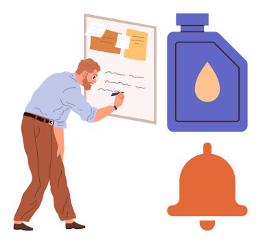 İş planlaması, organizasyon, verimlilik araçları, hatırlatıcılar, alarm sistemleri, enerji kavramları. Tahtaya notlar yazan bir adam, yağ kabı ikonu. İş planlaması ve organizasyonu