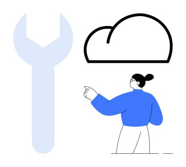 Bulut teknolojisi, bilişim desteği, veri depolama, dijital araçlar, teknoloji yönetimi, çevrimiçi hizmetler. Buluta ve İngiliz anahtarı sembolüne bakan biri. Bulut teknolojisi ve bilişim desteği