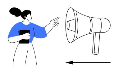 İletişim konsepti. Megafona doğru hareket eden bir kadın tarafından iletişim. İletişim, farkındalığı, mesaj iletimini ve etkin izleyici toplumunu teşvik eder. Terfi, mesajlaşma ve takım çalışması için.