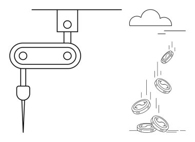 Otomasyon, imalat, dijital para birimi, gelecekteki teknoloji, finansal sistemler, yenilik. Robot kol bulutun altına bozuk para bırakıyor. Otomasyon ve dijital para birimi kavramları