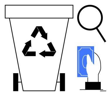 Oklarla geri dönüşüm kutusu, el değiştirme para, büyük büyüteç atık analizini ön plana çıkarıyor. Sürdürülebilirlik, atık yönetimi, geri dönüşüm, eko-ekonomi, analiz, yeşil uygulamalar için ideal